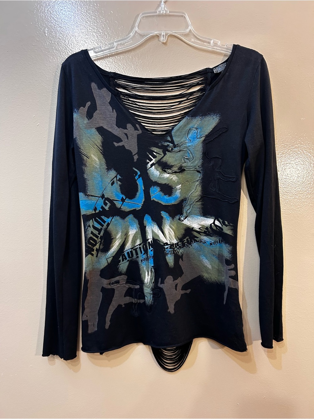 Women's Black Long-Sleeve Graphic Tee with Blue Accents